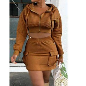 NWT Brown Waffle Knit Cropped Zip Hoodie & Mini Skirt Honey Bee Coord SET